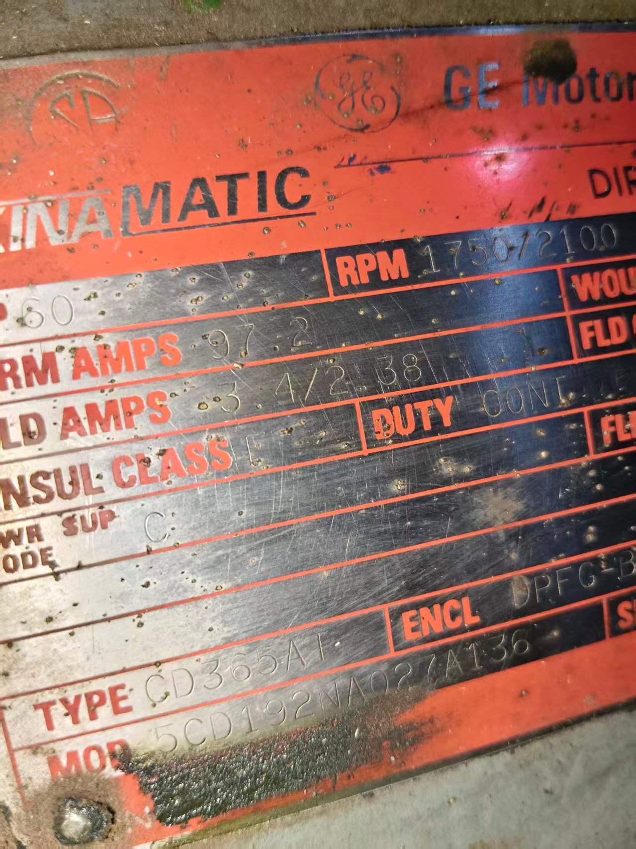 GE CD365AT DC motor nameplate showing the original rated data