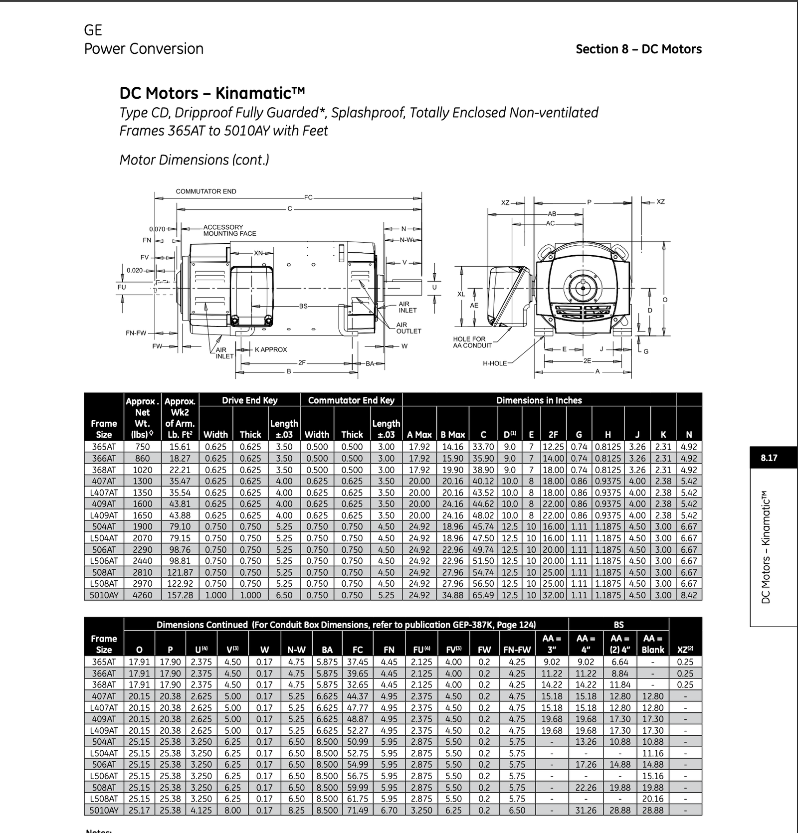 GE CD365AT DC motor dimensions and mounting drawing
